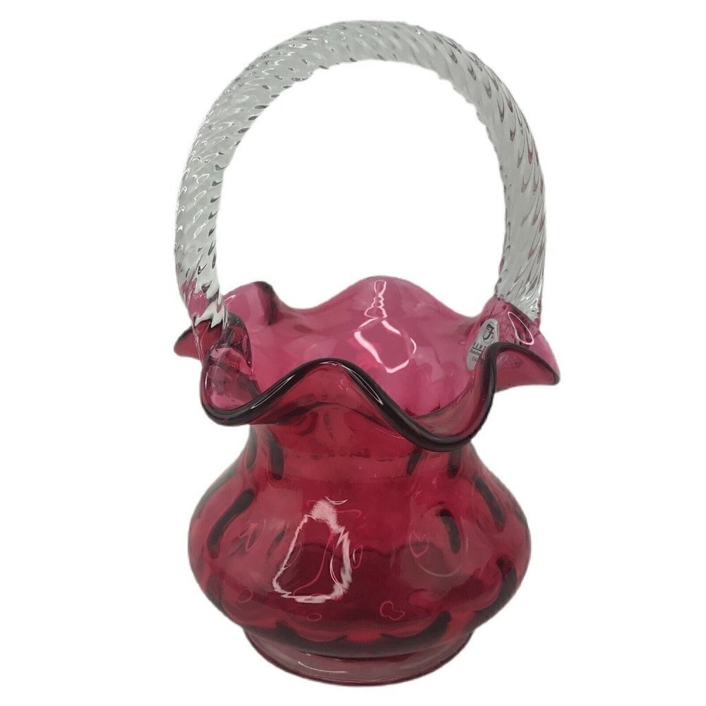 Vtg Fenton 8" Cranberry Pink Glass Basket Vase Ruffle Edge Crystal Handle USA
